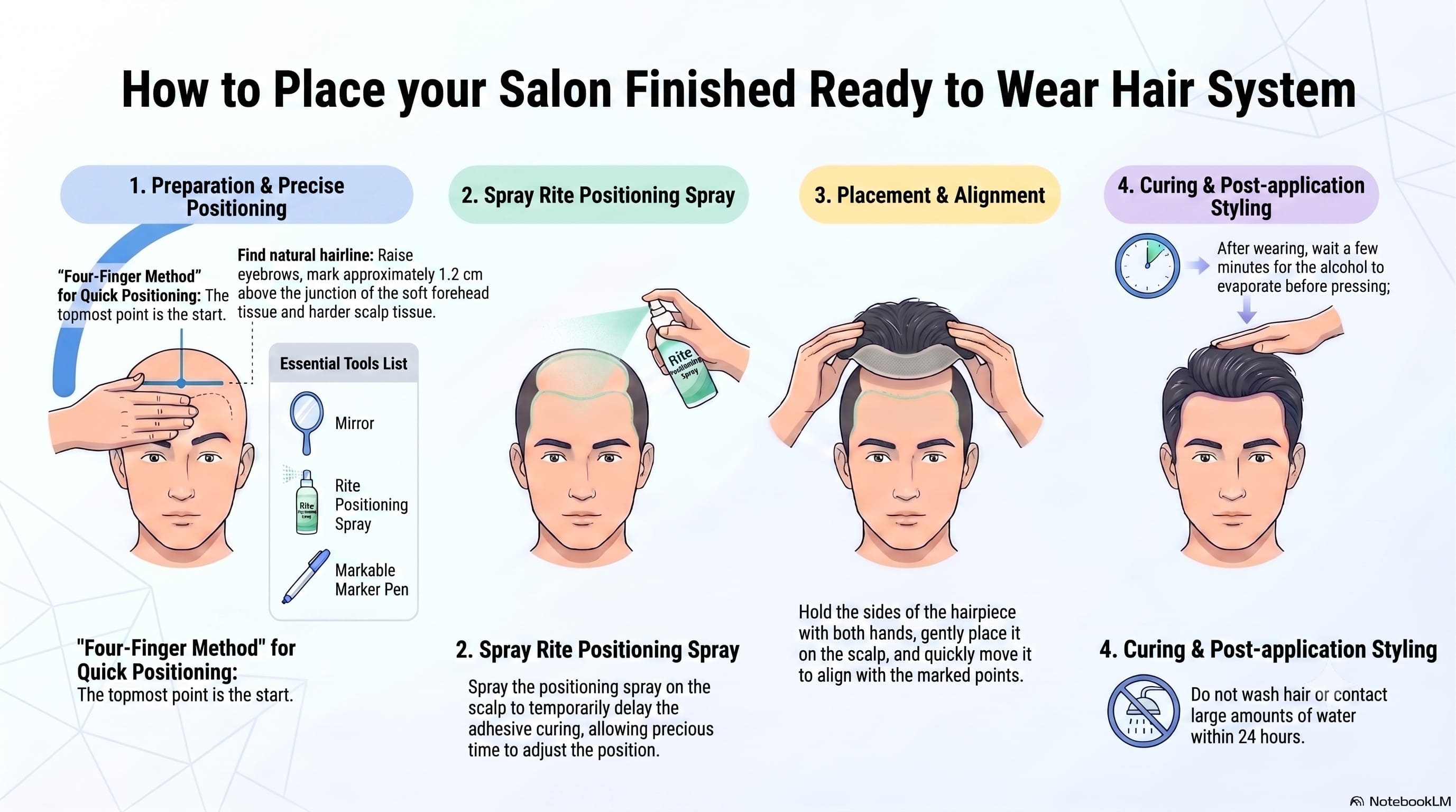 all the 4 steps how to place the ready to wear hair system