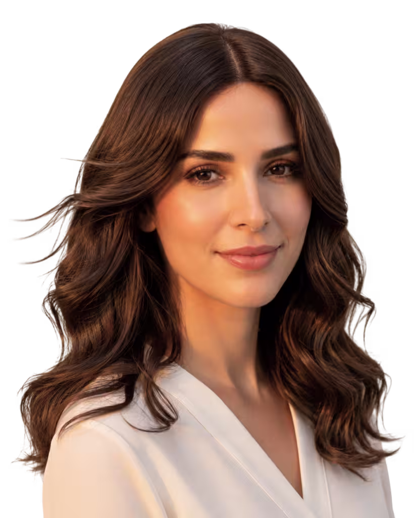 Woman with long brown hair wearing a kosher sheitel wig